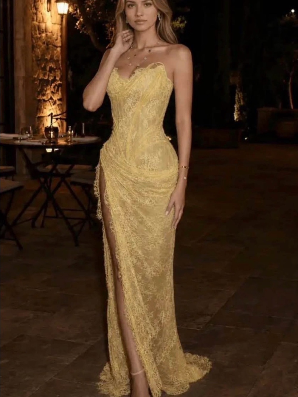 Strapless Yellow Lace Evening Gown with Side Slit